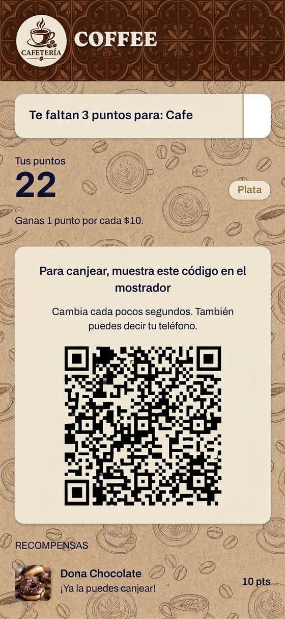 Tarjeta de un cliente en ClubTap: 22 puntos, nivel Plata, código para canjear y su recompensa disponible