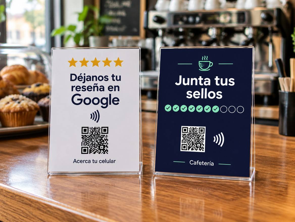 Dos tarjetas en el mostrador de una cafetería: una blanca para dejar reseña en Google y una azul para juntar sellos, ambas con NFC y QR